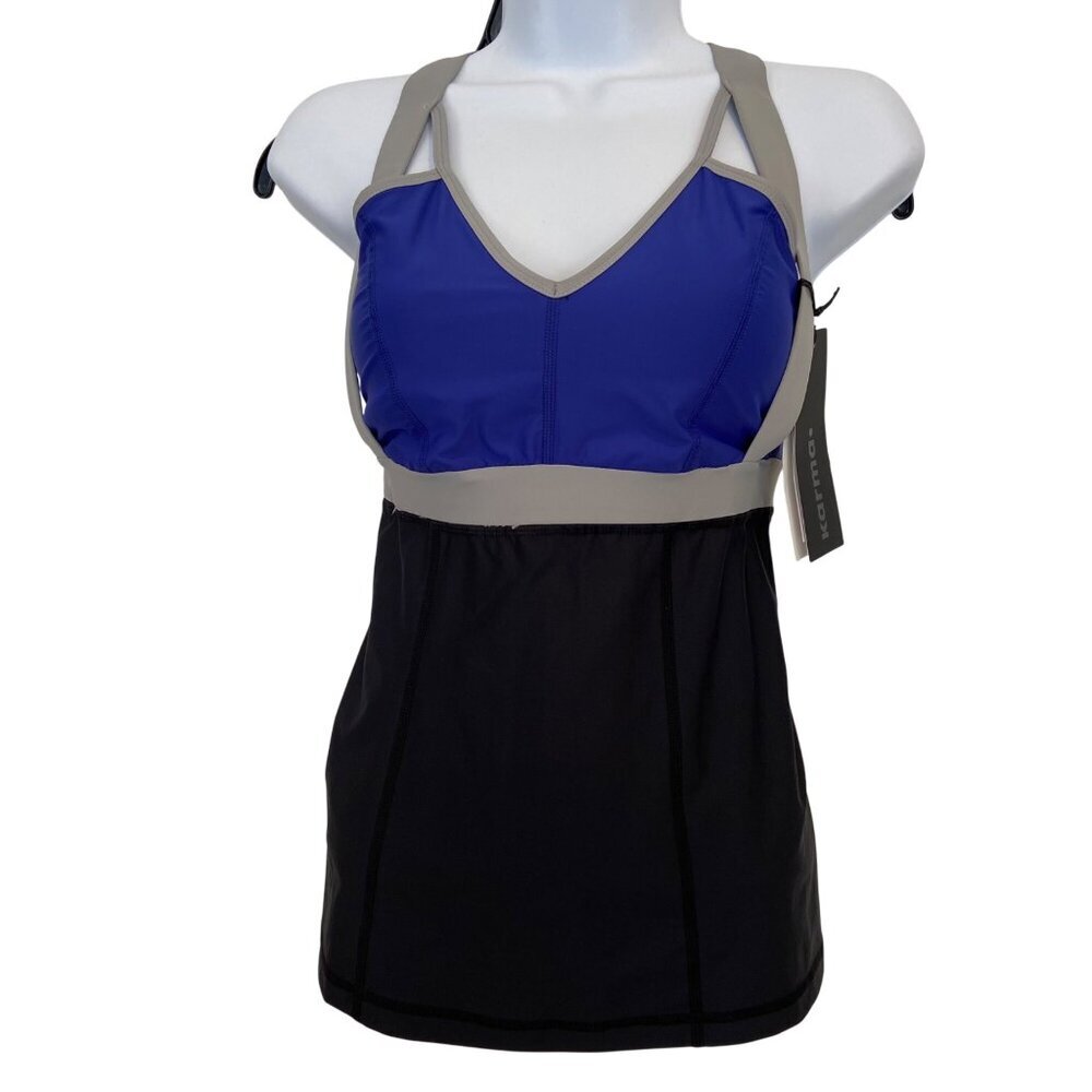 Karma Womens Athletic Tank Top Black & cobalt Blue With silver grey Straps surge